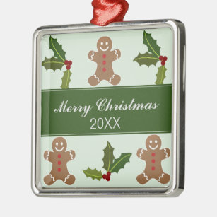Gingerbread Men and Holly Christmas Metal Ornament