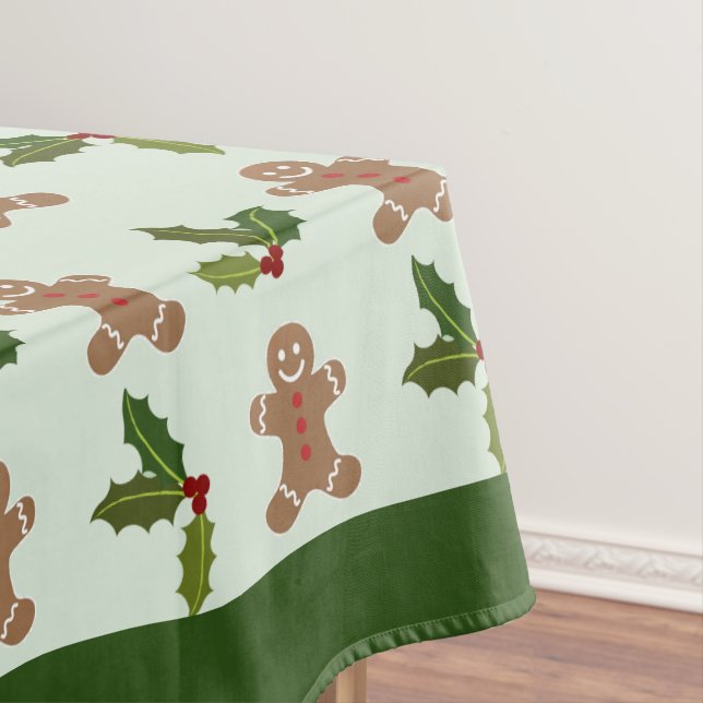 Gingerbread Men and Holly Pattern Green Tablecloth (In Situ)