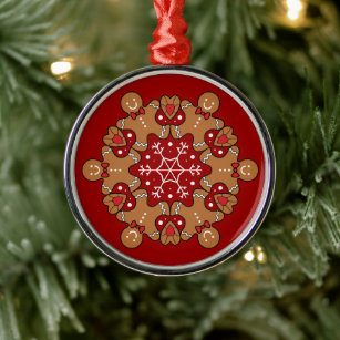 Gingerbread Men And Snowflake Mandala Metal Ornament