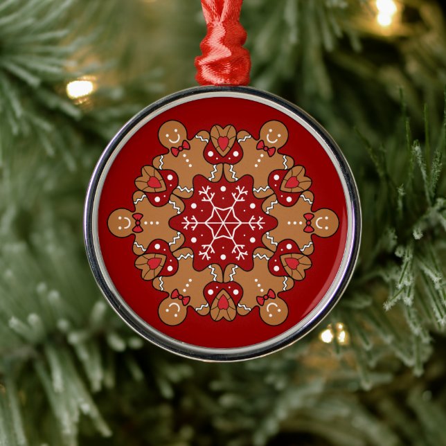 Gingerbread Men And Snowflake Mandala Metal Ornament (Tree)