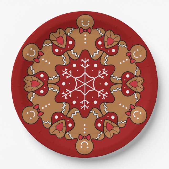 Gingerbread Men And Snowflake Mandalas Paper Plate (Front)