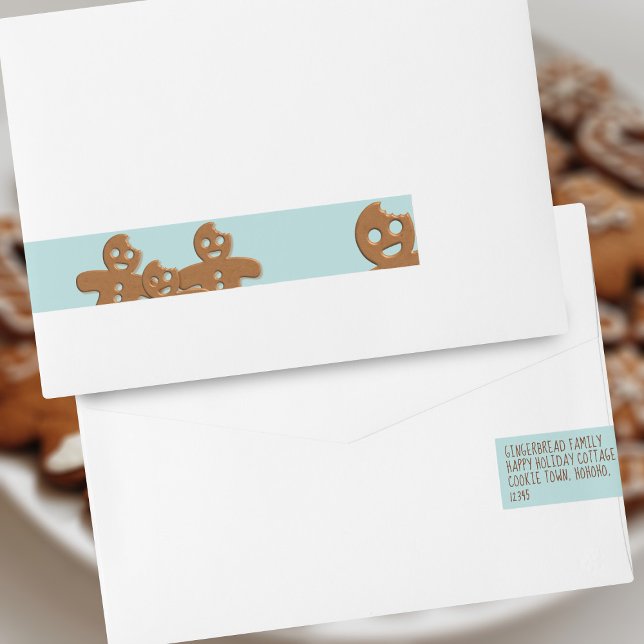 Gingerbread Men Christmas Return Address Labels (Cute gingerbread cookies wraparound labels waiting for you to add your address. Happy Holidays!)