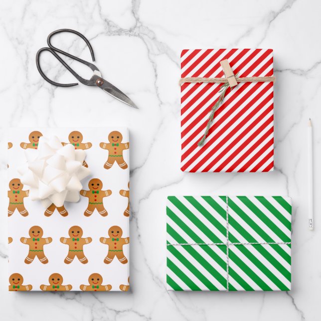 Gingerbread Men & Green and Red Striped Christmas Wrapping Paper Sheet (Front)