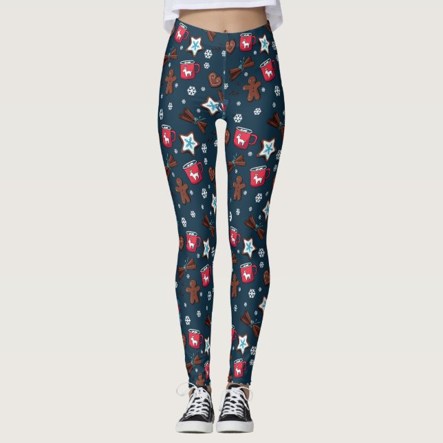 Gingerbread Men & Hot Chocolate Holiday Leggings (Front)