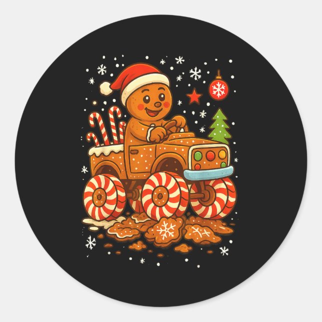 Gingerbread Monster Truck Christmas Snow Cute Xmas Classic Round Sticker (Front)
