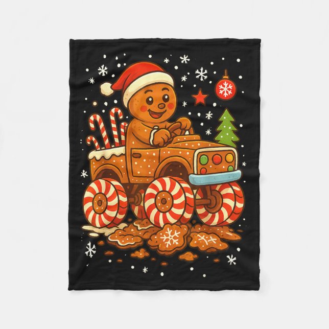 Gingerbread Monster Truck Christmas Snow Cute Xmas Fleece Blanket (Front)