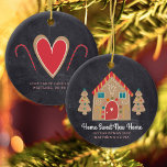 Gingerbread New Home Chalkboard Holiday Custom Ceramic Ornament<br><div class="desc">“Home Sweet New Home”. Here’s a wonderful way celebrate your 1st Christmas in your new home with this adorable, whimsical, chic, simple, modern, custom name Christmas ornament. A cute gingerbread house, cookie trees and playful script typography overlay a dark charcoal grey chalkboard background. Personalise with your names and year. A...</div>