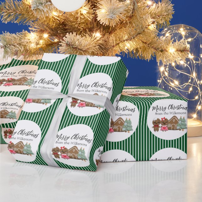 Gingerbread People Merry Christmas Green Striped Wrapping Paper (Holidays)