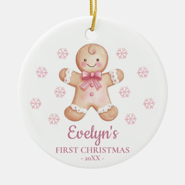 Gingerbread Personalized Girl's First Christmas Ceramic Ornament (Front)