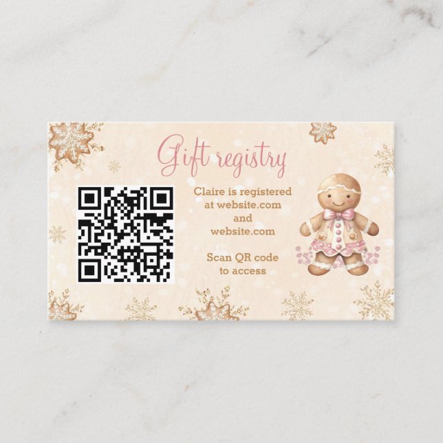 Gingerbread Pink Baby Shower Gift Registry QR Enclosure Card (Front)
