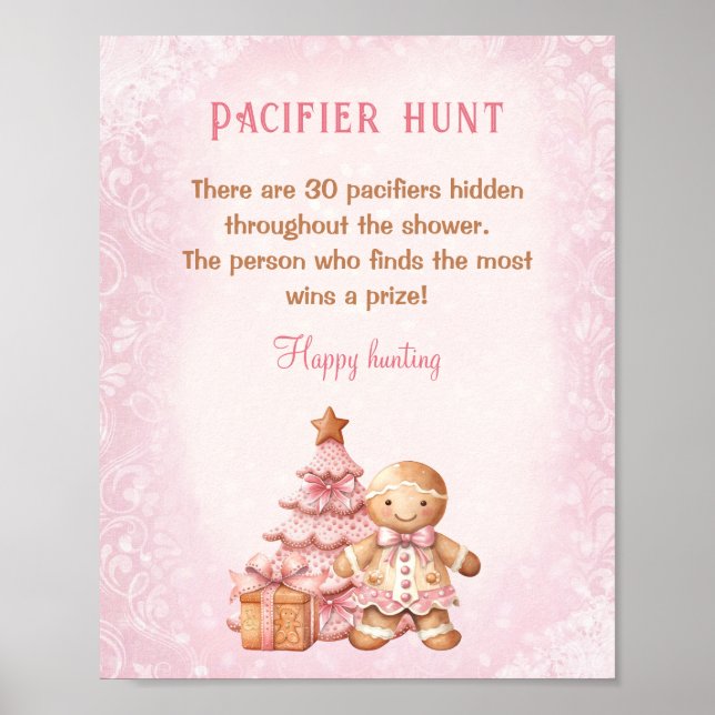 Gingerbread Pink Baby Shower Pacifier Hunt Game Poster (Front)