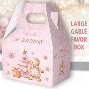 Gingerbread Pink Christmas 1st Birthday Large Favour Box