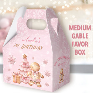 Gingerbread Pink Christmas 1st Birthday Medium Favour Box