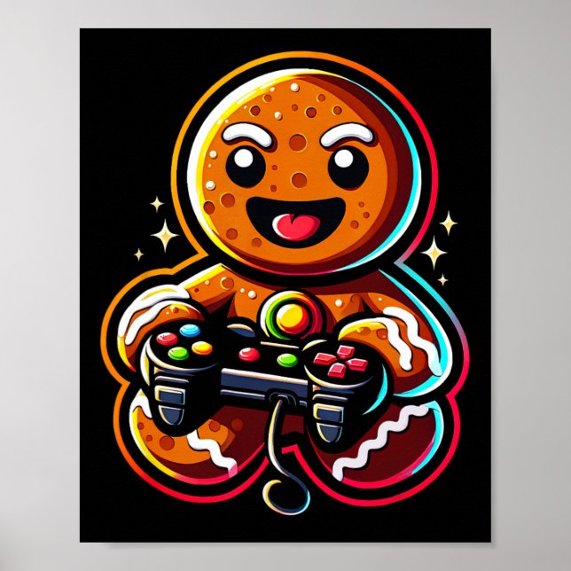 Gingerbread Playing Video Game Controller Gamer Ch Poster (Front)