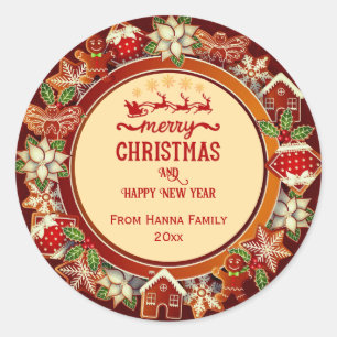 Gingerbread & Poinsettia Holiday    Custom Family Classic Round Sticker