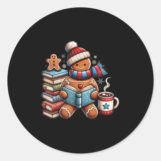Gingerbread Reading Book Lovers Christmas Bookworm Classic Round Sticker (Front)