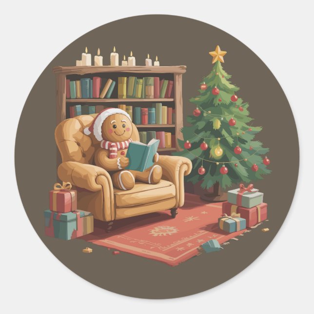 Gingerbread Reading Books Christmas Teacher  Classic Round Sticker (Front)
