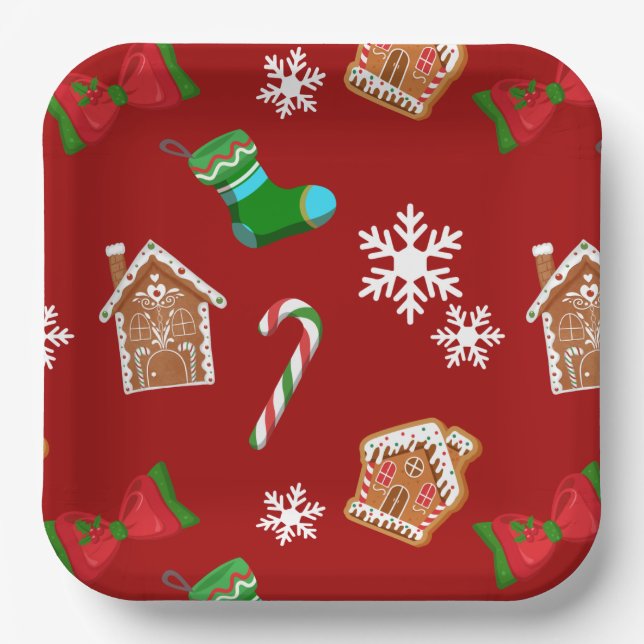 Gingerbread Red Christmas Pattern Paper Plate (Front)