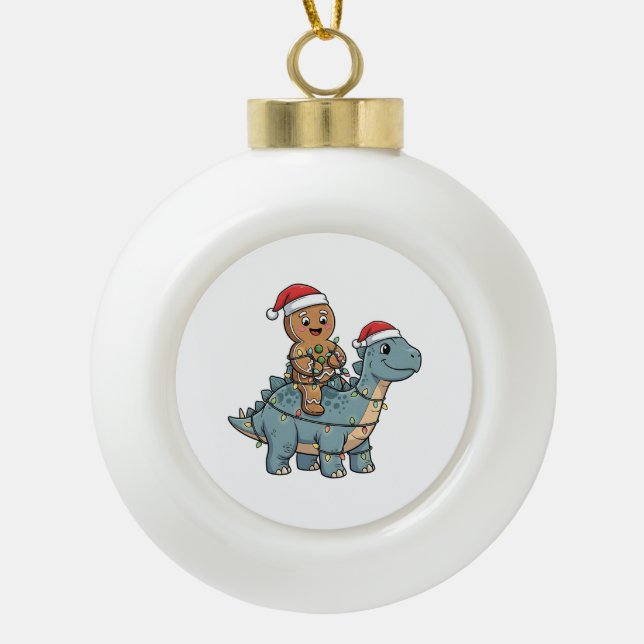 Gingerbread Riding A Dinosaur Santa Christmas Ceramic Ball Christmas Ornament (Front)