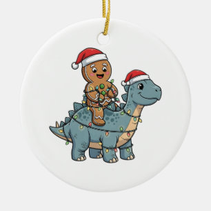 Gingerbread Riding A Dinosaur Santa Christmas Ceramic Ornament
