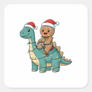 Gingerbread Riding A Dinosaur Santa Christmas  Square Sticker