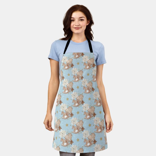Gingerbread Rocking Horse Pattern on Blue Apron (Worn)
