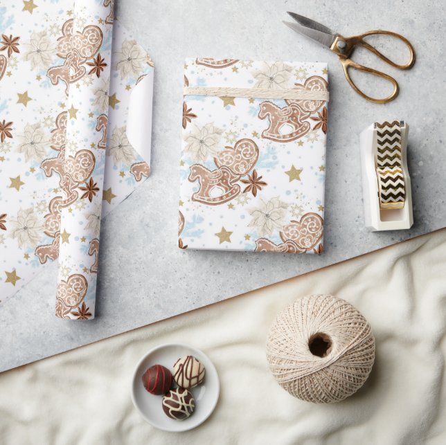 Gingerbread Rocking Horse Pattern on White Wrapping Paper (Crafts)