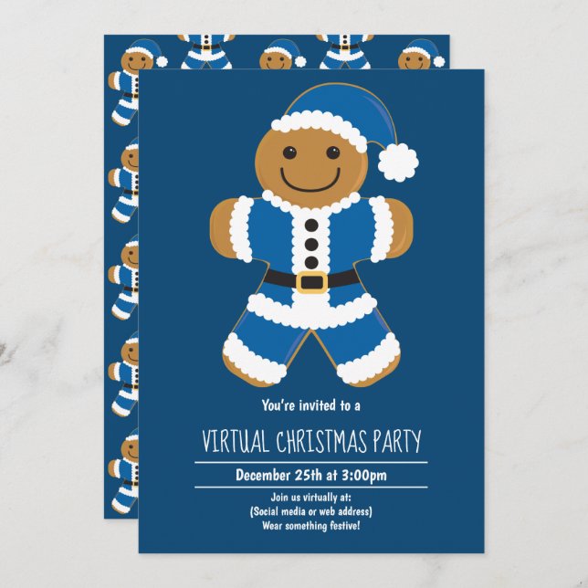Gingerbread Santa Blue Virtual Christmas Party Invitation (Front/Back)