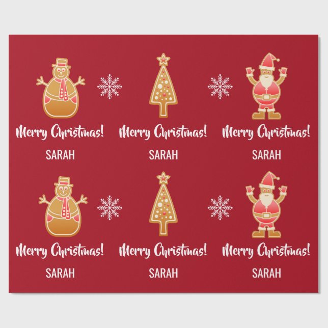 Gingerbread Santa Xmas Tree Snowman Personalise Wrapping Paper (Flat)
