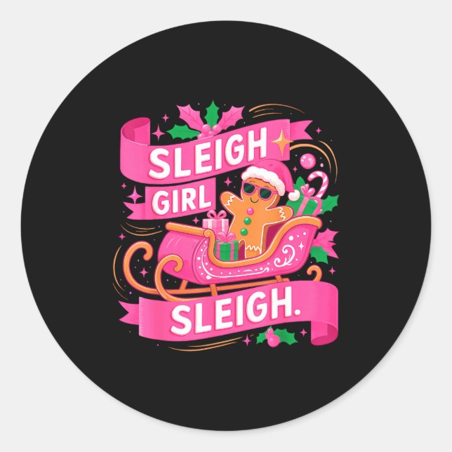 Gingerbread Sleigh Girl Nk Funny Christmas Women G Classic Round Sticker (Front)