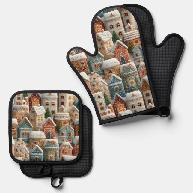 Gingerbread Snow Frosted Village Kitchen Oven Mitt & Pot Holder Set (Front/Back)