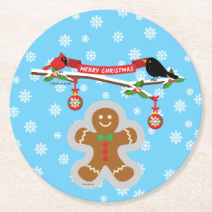 Gingerbread, Snowflakes and Birds Round Paper Coaster