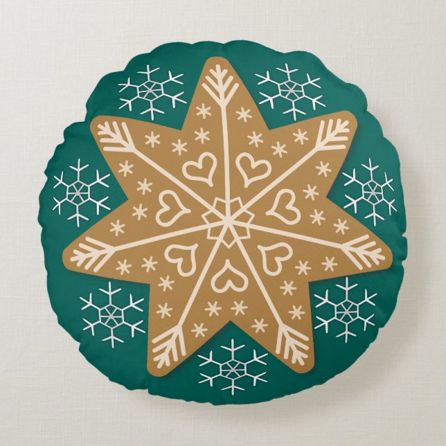 Gingerbread Star and Snowflakes Christmas Round Cushion (Front)