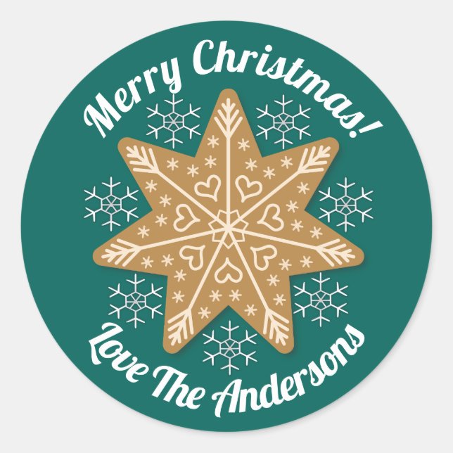 Gingerbread Star Snowflakes Christmas Custom Text Classic Round Sticker (Front)