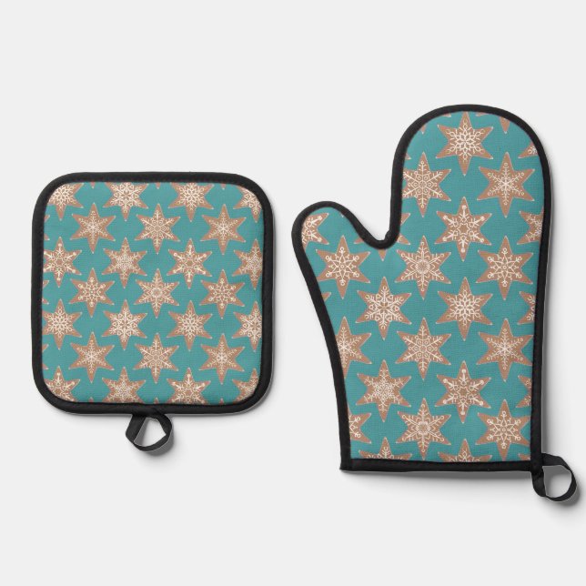 Gingerbread Stars Christmas (Green) Oven Mitt & Pot Holder Set (Front)