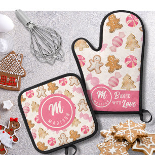 Gingerbread & Sugarplum Monogram  Oven Mitt & Pot Holder Set