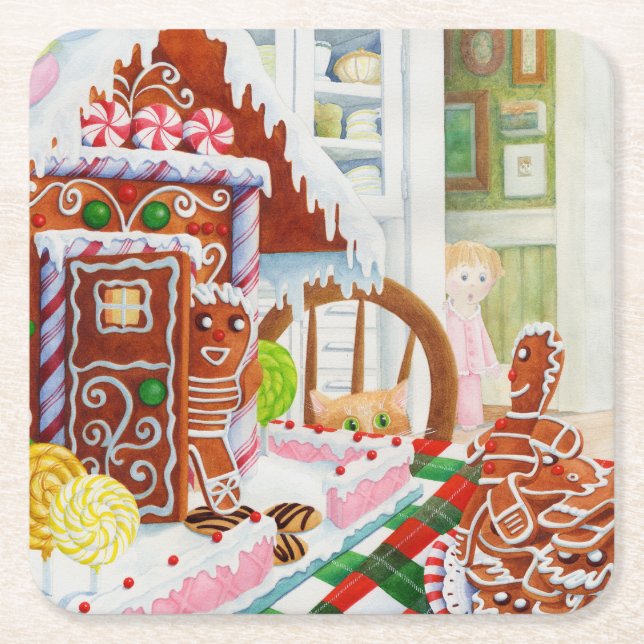 GINGERBREAD SURPRISE Square Paper Coasters (Front)