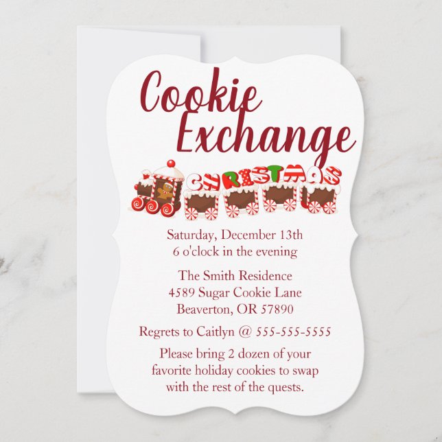 Gingerbread Train Cookie Exchange Holiday Invite (Front)