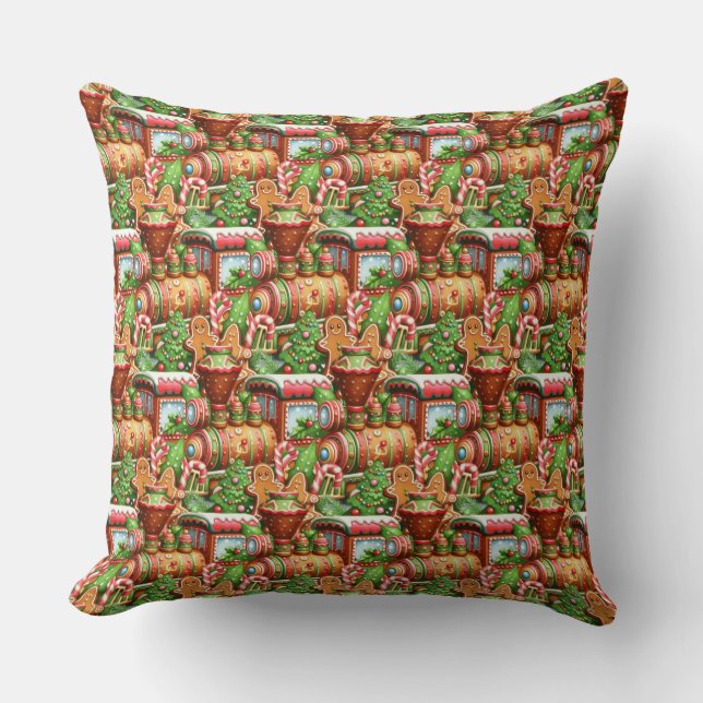 Gingerbread Train Holiday Throw Pillow (Front)