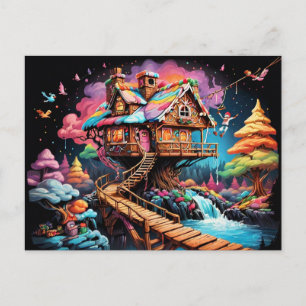 Gingerbread tree house pschedelic christmas  holiday postcard