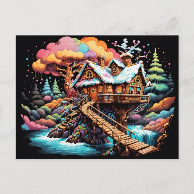 Gingerbread treehouse above stream christmas  holiday postcard (Front)