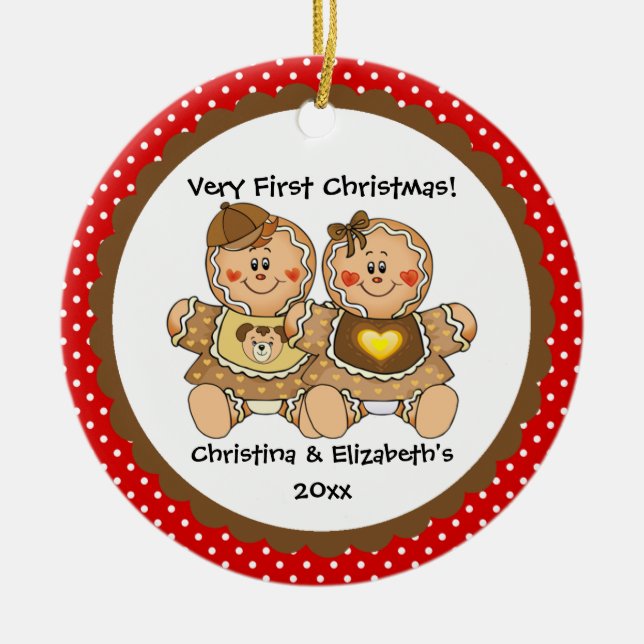 Gingerbread Twins Baby's First Christmas Ornament (Front)