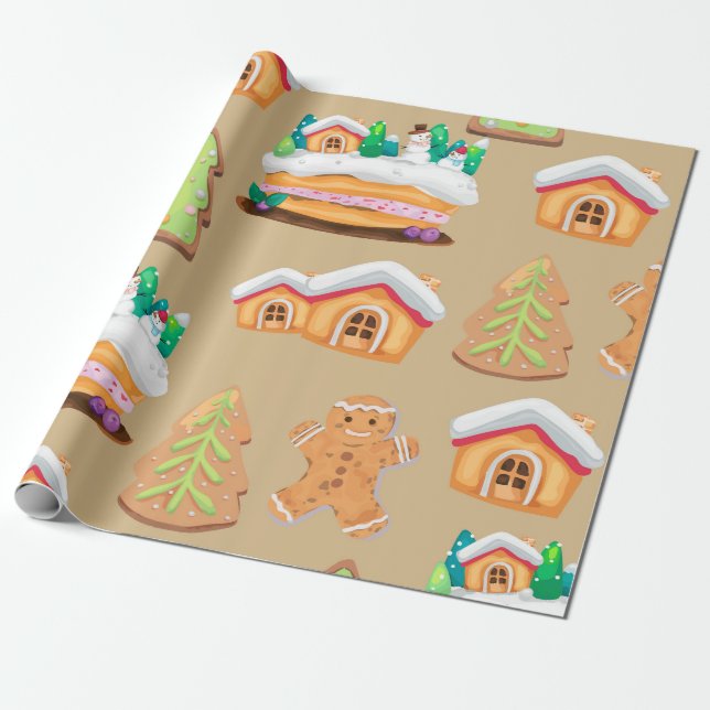 Gingerbread Village Holiday Pattern Wrapping Paper (Unrolled)