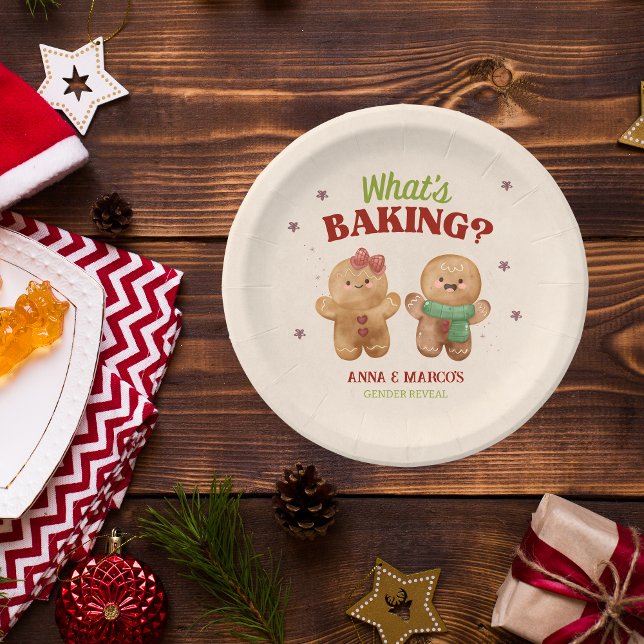 Gingerbread What's baking Christmas Gender Reveal Paper Plate (What's baking - Christmas gender reveal party)