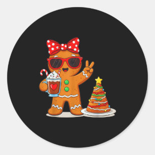 Gingerbread Women Drinking Coffee Christmas Tree C Classic Round Sticker
