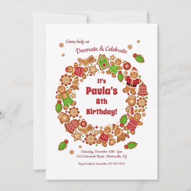 Gingerbread Wreath Holiday Birthday Party Invitation (Front)