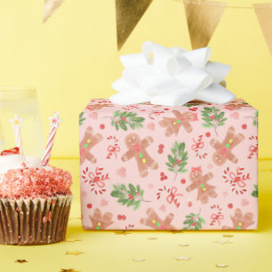 Gingerbreads and holly PINK Wrapping Paper