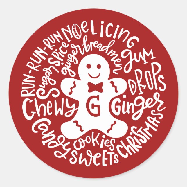Gingerman Christmas Winter Candy Typography RED Classic Round Sticker (Front)