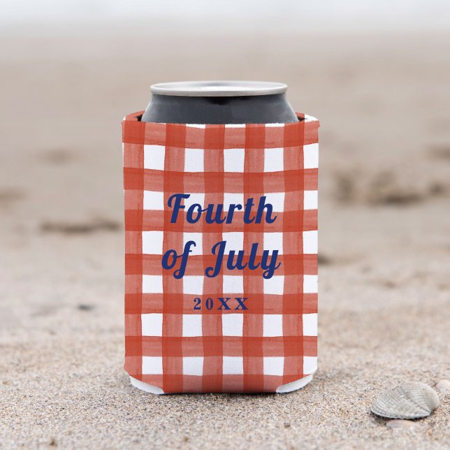 Gingham 4th of July Can Cooler (Red and white gingham blue text fourth of july can cooler.)