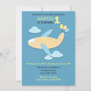 Gingham Aeroplane and Balloons First Birthday Invitation